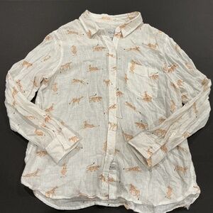 Rails White Linen Button Down Shirt Cheetah Print Size Medium Lightweight Blouse